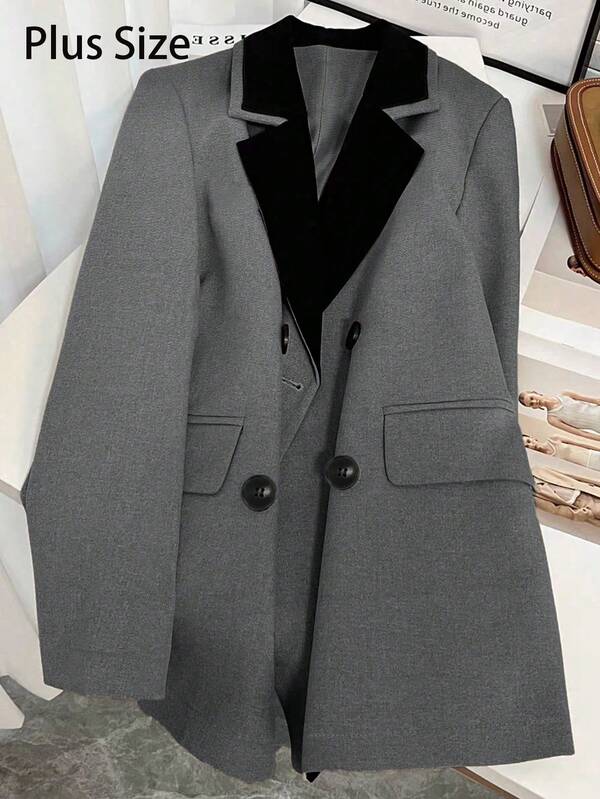 Women's Gray Blazer With Black Lapel - Double Breasted, Elegant Office & Casual Wear ​Plus Size Jacket