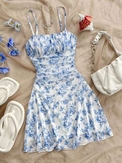 Floral Print Halter Neck Sleeveless Dress For Teenage Girls, Fashionable & Elegant, Suitable For All Seasons, Summer