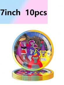 10pcs Abstract Gorilla Theme Party Supplies Paper Plates, Paper Cups, Tissue Tablecloths, Banners, Birthday Party Supplies, Camping And Travel Essential Supplies - Multicolor - View 2