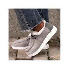 2025 Winter Plush Shoes For Women Faux Fur Lined Warm Loafers Booties Casual Lace Up Comfoter Ankle Boots Fuzzy Slip On Canvas Shoes - Grey - View 1