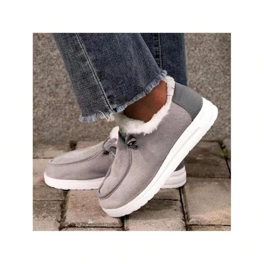 2025 Winter Plush Shoes For Women Faux Fur Lined Warm Loafers Booties Casual Lace Up Comfoter Ankle Boots Fuzzy Slip On Canvas Shoes - Grey - View 1