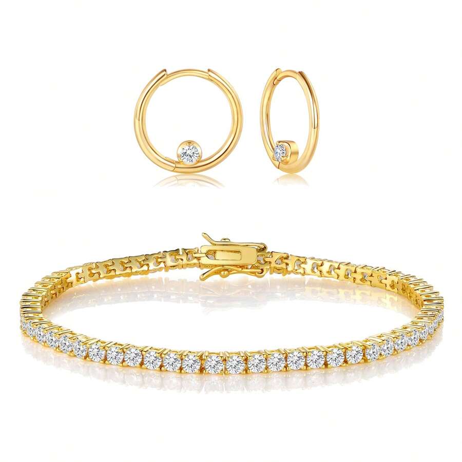 MDFUN 18K Gold Plated 3mm Round Cubic Zirconia Tennis Bracelet And 18mm Cubic Zirconia Tennis Earrings Set, Women - Gold + 18mm Hoop Earrings - View 1