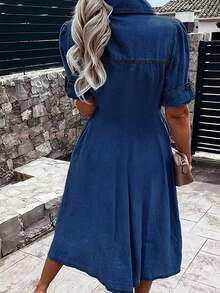 Women's Denim Dress, Women's Collared Denim Long Dress, Minimalist Style Women's Clothing, Vintage Casual And Elegant Denim Pants, Clothing For Tall Women, Exquisite Details, Fashionable And Sexy, Suitable For Outdoor Wear, New Year, Street Style, Birthdays, Going Out, Christmas, Clubs, Vacations, Concerts, Festivals And Parties. - Rửa tối - Xem 2