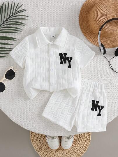 2pcs Baby Boy Textured Letter Print Shirt And Printed Shorts Street Fashion Children Set