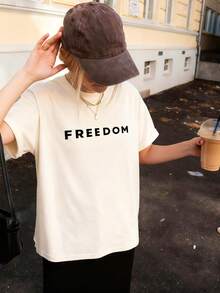 Women's Summer New Simple Slogan Print Casual Vacation Loose Fit Round Neck Short Sleeve T-Shirt, Fashionable Everyday Top, Suitable For Daily And Vacation Wear. Women's T-Shirt Top. - White - View 6