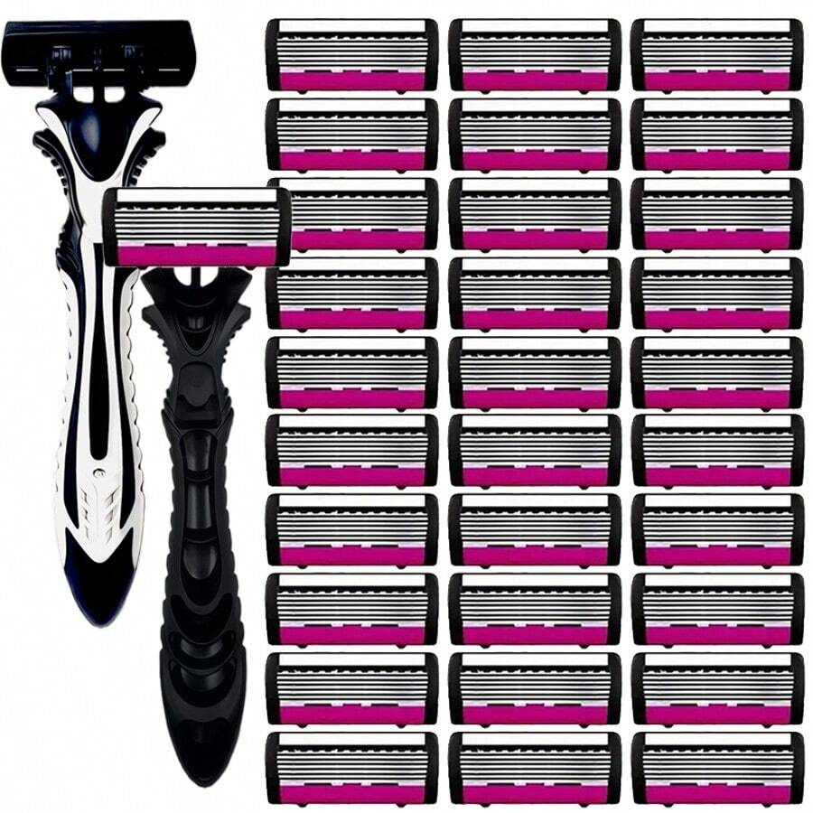 男士手动剃须刀套装，含1个手柄和替换刀片，清洁剃须刀，6层不锈钢剃须刀片，可替换刀头，剃须工具，男士理容必备，身体剃须，小巧设计，剃须套装 - 彩色 - 查看 1