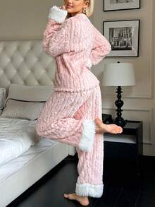 两件套女士睡衣套装，女士休闲服，冬季服装，提花面料，加厚保暖珊瑚绒材质，蓬松舒适，保暖 - 粉色 - 查看 1