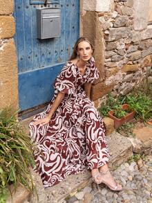Faeriesty Vestido maxi de gasa elegante estampado, diseño de escote en V profundo, mangas cortas abullonadas - Una mezcla perfecta de clásico y moderno, vestido de gala de longitud hasta el suelo, adecuado para bodas en la playa, fiestas de jardín, ceremonias al aire libre y cenas románticas. Fiesta de primavera - Café integral - Ver 9