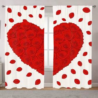 2 stycken rosenbladsgardiner för alla hjärtans dag, 2D platt stil - halvtransparent design av hjärtformade röda rosor och spridda kronblad på vit bakgrund, maskintvättbar romantisk fönsterdekoration, lämplig för sovrum och vardagsrumsdekoration