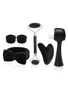 3/5/6/10件套面部美容按摩工具清洁套装，黑色滚轮刮痧套装，洁面刷，发带，腕带，发夹，发圈，洗漱包，大容量工具套装 - 黑色 - 查看 10