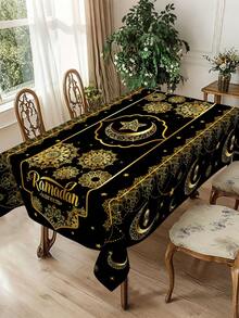 1件装，黑色金色斋月节桌布，涤纶材质，星月花卉图案，开斋节节日长方形/圆形桌布，家居厨房餐桌装饰，室内外派对适用，2026年斋月家居装饰，斋月吉祥，家庭聚会和庆祝活动。