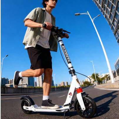 Składana hulajnoga dla dorosłych, podwójne amortyzatory i hamulce tarczowe, ładowność 100 kg (kolor czarno-biały, losowy)