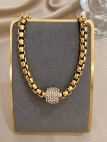 1pc Minimalist Rhinestone Round Charm Chunky Chain Necklace For Women Dainty Cute Stainless Steel Choker Necklace Daily Party Jewelry Christmas Gifts - N994606N - View 8