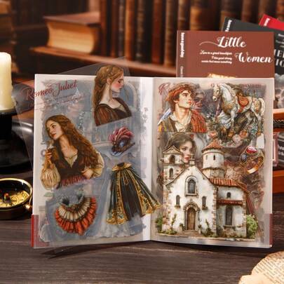 20 Sheets/Book Sticker Book, Classic Collection Handbook Series, Vintage Literary Story Die-Cut PET Sticker Book, Scrapbook Supplies, Notebook Accessories, Decorative Photo Frames, Computer And Phone Cases, Water Cups, Junk Magazines, Pencil Cases, Desktop Decorative Stickers, Back-To-School Season Stickers, School Supplies Funny Stickers Laptop Stickers Kindle Phone Stickers