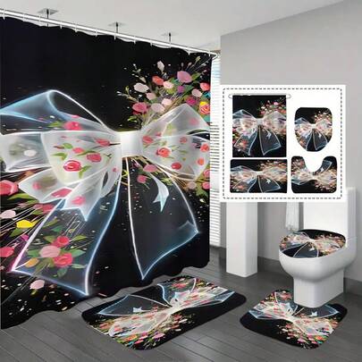 1/3/4件套情人节纯色玫瑰花蝴蝶结浴帘套装，浴室套装，含浴帘和地毯，防水涤纶面料浴帘，浴室装饰，带12个挂钩，浴室窗帘浴帘套装，家居装饰，节日装饰，情人节装饰