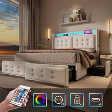 Upholstered Bed 160x200, Double Bed With LED Headboard And USB C Charging Function And 4 Drawers, Storage Bed With Slatted Base Made Of Wood And Metal Frame, Load Capacity 300 Kg, Beige, Cotton (Without Mattress) - Beige - View 4