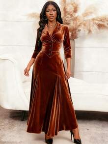 女士优雅纯色纽扣领长袖腰部设计连衣裙，优雅风格 - 棕色 - 查看 6