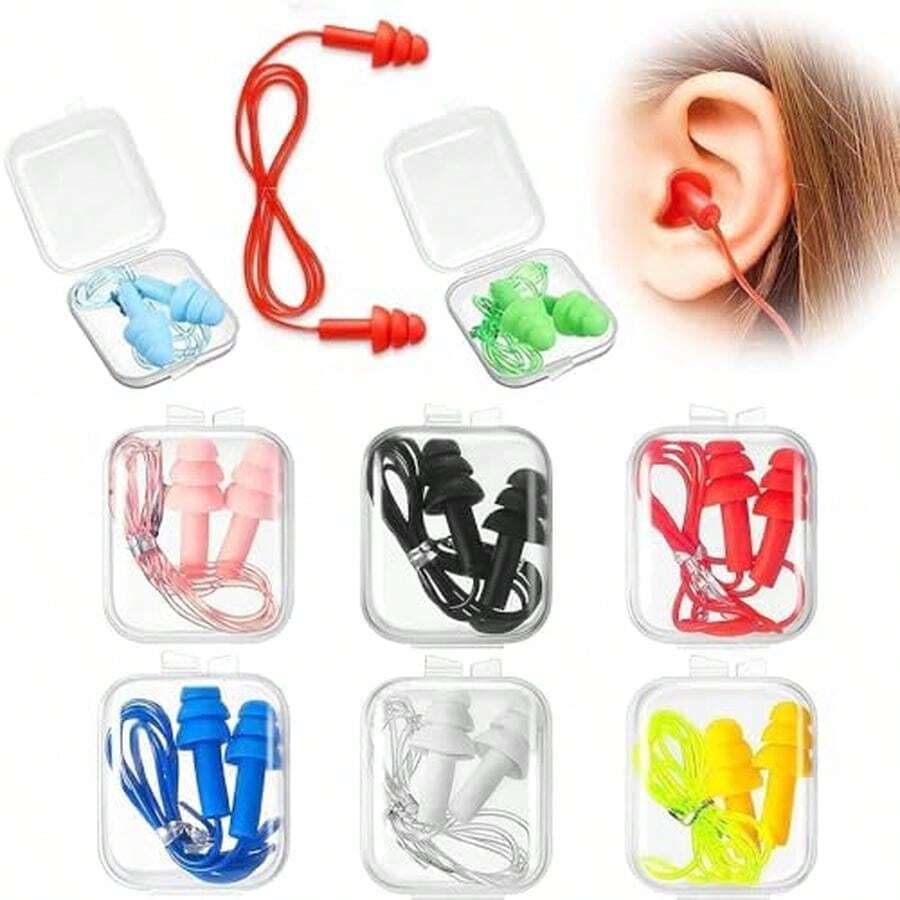 Tapones para Oídos de Silicona para Natación, 8 Pares Tapones para Oídos, Tapón Auditivo con Cable con Caja, para Dormir, Nadar, Viaje, Reducción Del Ruido, Earplugs, Cómodos y Portátiles - Color Múltiple - Ver 1