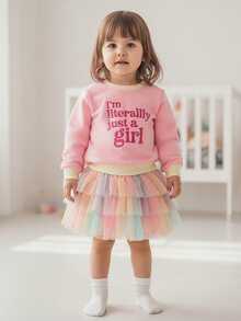 Toddler Girl Spring Outfit Letter Embroidery Sweatshirt With Tulle Mini A Line Skirt 2Pcs Set - Pink - View 3