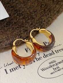 1 par de pendientes de aro de resina con diseño geométrico elegante y retro, accesorio de moda de alta gama para mujer, adecuado para uso diario, ir al trabajo y vacaciones - Marrón - Ver 2