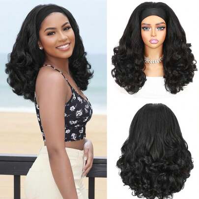 Peruca com faixa de cabelo cacheado estilo Yaki, faixa de cabelo preta lisa e volumosa, pontas cacheadas, material sintético, fácil de usar, sem necessidade de cola, peruca de meia cabeça com faixa de cabelo.