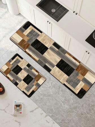 1件装抽象多色木纹图案吸水垫/地毯套装，厚度约3毫米，可水洗，适用于厨房、浴室、玄关、洗衣房、书房、客厅、卧室、走廊。