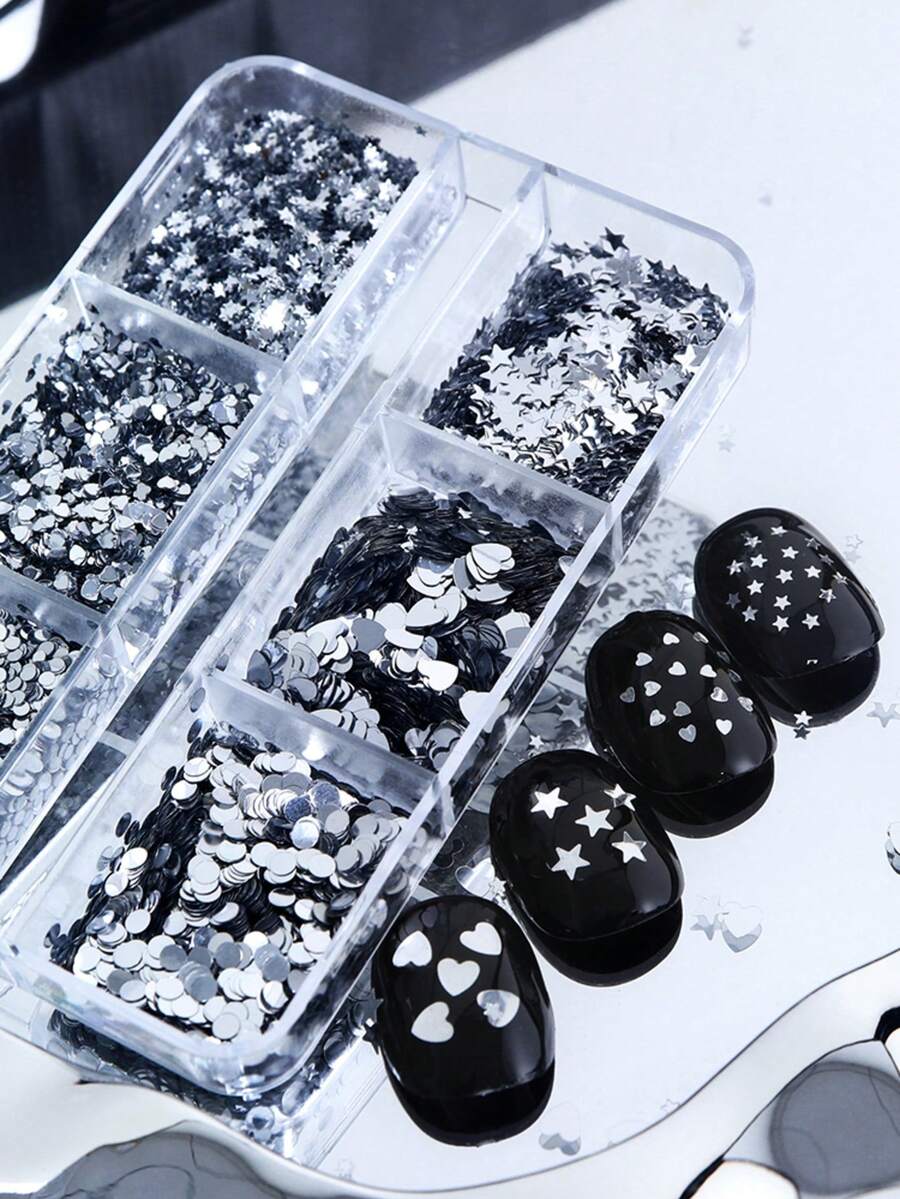 6件闪亮银色心形和星星美甲装饰，亮片美甲贴，情人节美甲必备 - 銀色 - 查看 1
