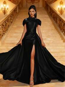 Smilprince 黑色高领珠饰肩部缎面开衩晚礼服，优雅女士晚礼服，正式及地舞会礼服，适合盛大晚宴、红毯、选美比赛、黑领结活动等场合。 - 黑色 - 查看 7