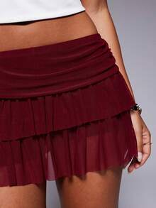 Women Lace Patchwork Mini Skirts Y2k Ruffle Layered Pleated Fairy Short Skirts Flowy Mesh Sheer Low Rise Frilly Skirt - 紅色 - 查看 2