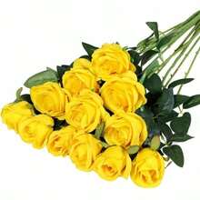 20pcs Artificial Yellow Rose Flowers, Fake Roses For DIY Wedding Bouquet, Table Centerpiece, Bridal Shower, Valentine's Day Decor - Dark Yellow - View 2