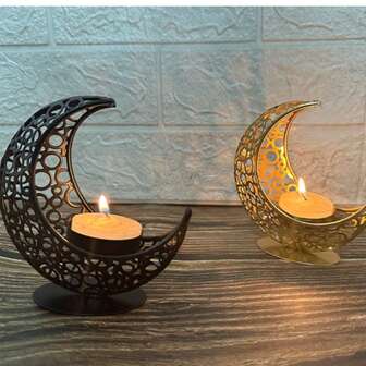 Soporte para vela en forma de media luna de estilo de Oriente Medio, hecho de hierro, taza para vela en forma de luna 3D, utilería para películas/TV, decoración para dormitorio/sala de estar, Ramadán