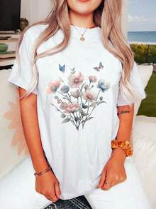 大码女式夏季花卉蝴蝶图案短袖T恤，休闲舒适日常上衣 - 白色 - 查看 3