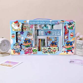 CRAYON SHINCHAN Set de artículos de papelería de Crayon Shin-Chan, regalo ideal para cumpleaños, vuelta al colegio, Halloween, Navidad, Acción de Gracias para niños - Incluye lápices, gomas de borrar, sacapuntas, cuadernos, reglas, crayones, estuche (patrones y colores surtidos debido al lote de producción)