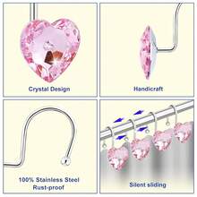 Shower Curtain Hooks Rings For Bathroom, 12PCS Valentines Day Heart Stainless Steel Rust Resistant Decorative Rhinestones Shower Curtain Rings Hangers For Shower Curtains, Clothing, Etc.,SingleHookPink - 單鉤粉紅色 - 查看 3
