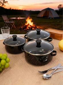 三件套彩色搪瓷厨具套装 - 搪瓷带盖锅、搪瓷砂锅、搪瓷汤锅、拉面锅、迷你火锅、粥锅、保温锅、厨房用具、奶锅、小圆锅、厚底汤锅、砂锅、煎锅，适用于电磁炉、燃气灶，家用，搪瓷厨具套装，含厚底双耳汤锅 - 小鍋三件套 - 查看 1