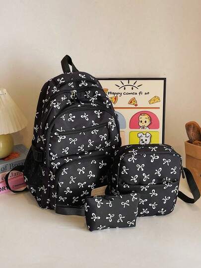 3pcs Nylon Bow Print Backpack Set, Foldable Multi-Pocket Large Capacity Waterproof Zipper Backpack, Suitable For Teenagers, High School Students, College Students, Ladies For Daily Use, Commuting, Travel, Valentine's Day Gift