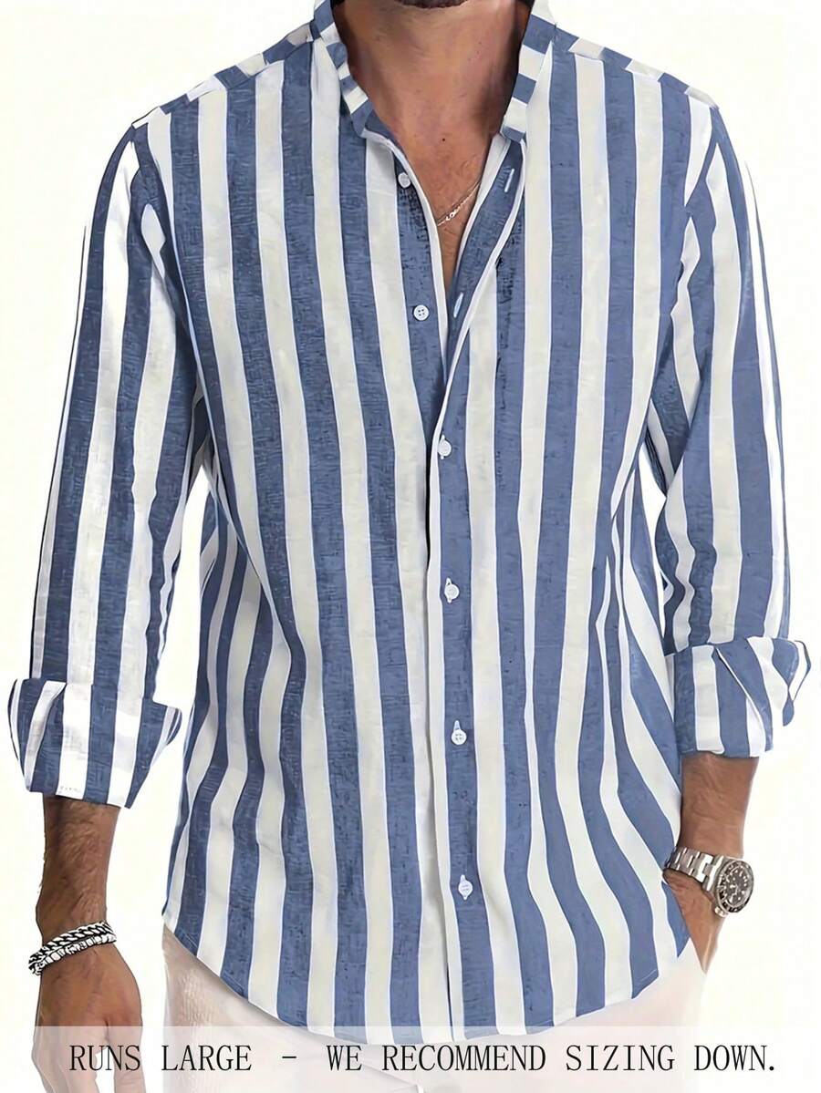 男士时尚条纹长袖纽扣衬衫，休闲立领，适合约会、海滩、度假等多种场合 - 藍色 - 查看 1