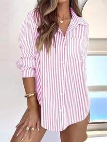 Women's Oversized Striped Long Sleeve Comfortable Shirt - 粉色 - 查看 1