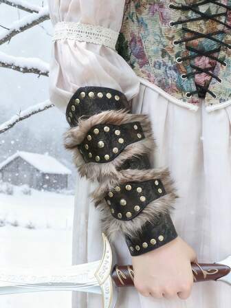 1件中世纪PU皮革铆钉带毛绒腕带，骑士维京战士皮革腕带，适用于文艺复兴维京集市LARP万圣节服装配饰道具