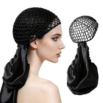 2-In-1 Rolled Edge Sleep Cap, Mesh Brim Satin Sleep Cap, Stretchy Wide Brim Hair Band Cap, Women Home Use Headscarf Cap