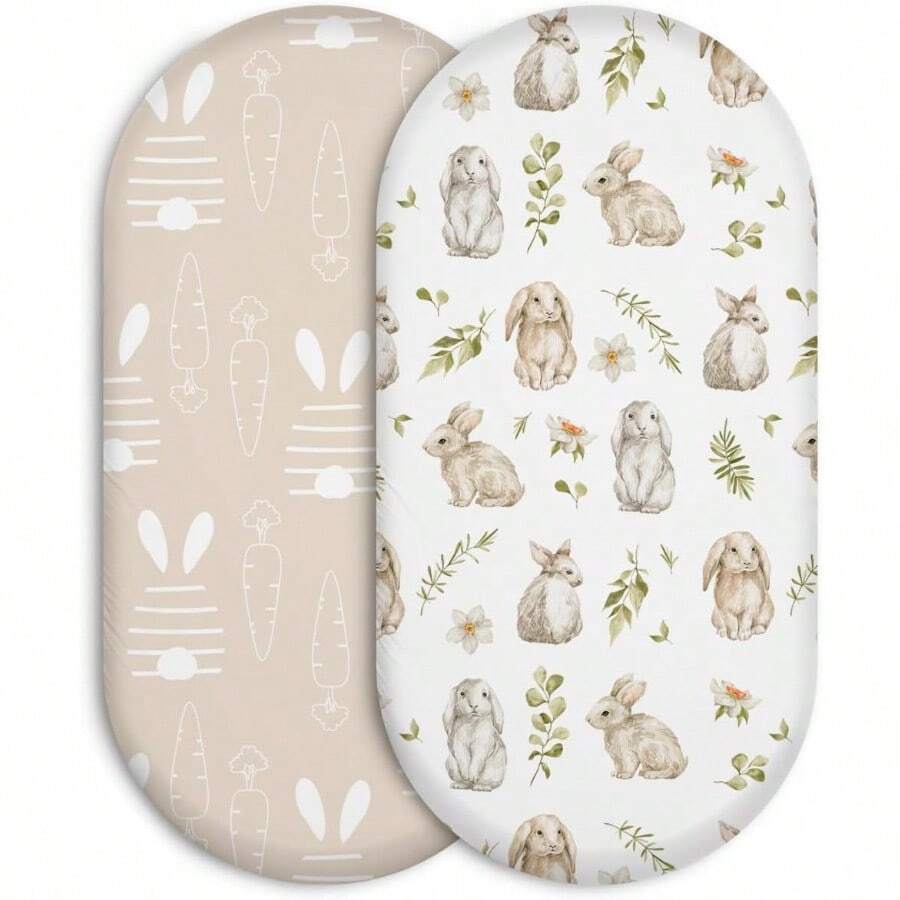 WSXC Bassinet Sheets 2-Pack For Newborn Baby Boy And Girl Gender Neutral Soft Breathable Elastic Sheets Universal Fit Flexible For Rectangle Round Oval Hourglass Bassinet Mattress/Pad - BunnyMeadowGreige - View 1