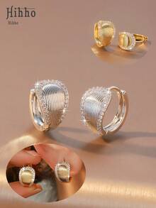 Hihho 1 Pair Fashionable & Elegant Zirconia Edged Oval Hoop Earrings, Versatile Jewelry Accessory For Women, Suitable For Daily, Work, Shopping Outfit - Earrings - View 2