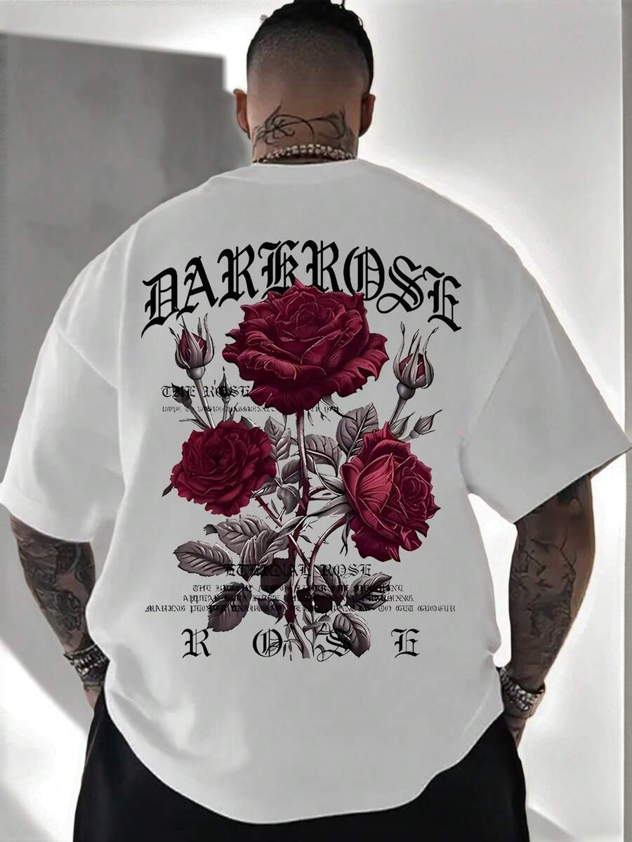 Men's Casual Versatile Simple Rose Flower Print Short Sleeve T-Shirt