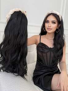 Modischer weißer geflochtener Haarreif für Damen mit synthetischen, langen, lockigen Clip-On Haarverlängerungen für die halbe Kopfpartie, flauschig und natürlich, schwarz (braun), einfach zu tragen, geeignet für Outdoor-Fotoshootings und Alltagspartys von Frauen. - Verschiedenfarbig - Übersicht 6