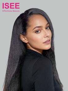 ISEE 三合一半假发，可翻转佩戴，卷曲直发，仿真头皮，无需胶水，无需蕾丝，180%密度，14-16英寸波波头，18-28英寸长发，未经加工的人发，柔软健康，时尚百搭，适合女性，自然黑色，魅力十足，优雅休闲，时尚百搭，学生用品，美发礼品。 - S1 - 查看 1