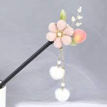 1个秋冬季毛绒球花朵发夹，复古风发饰，配红色毛绒蝴蝶结，蓬松球头饰，可搭配汉服，情人节礼物，发髻装饰，发夹，发型设计发夹 - 多色1 - 查看 6
