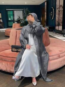女士优雅薄纱长款宽松阿拉伯长袍和服开衫，蝙蝠袖，不含头巾，不含内衬，春季快速发货 - 灰色 - 查看 4