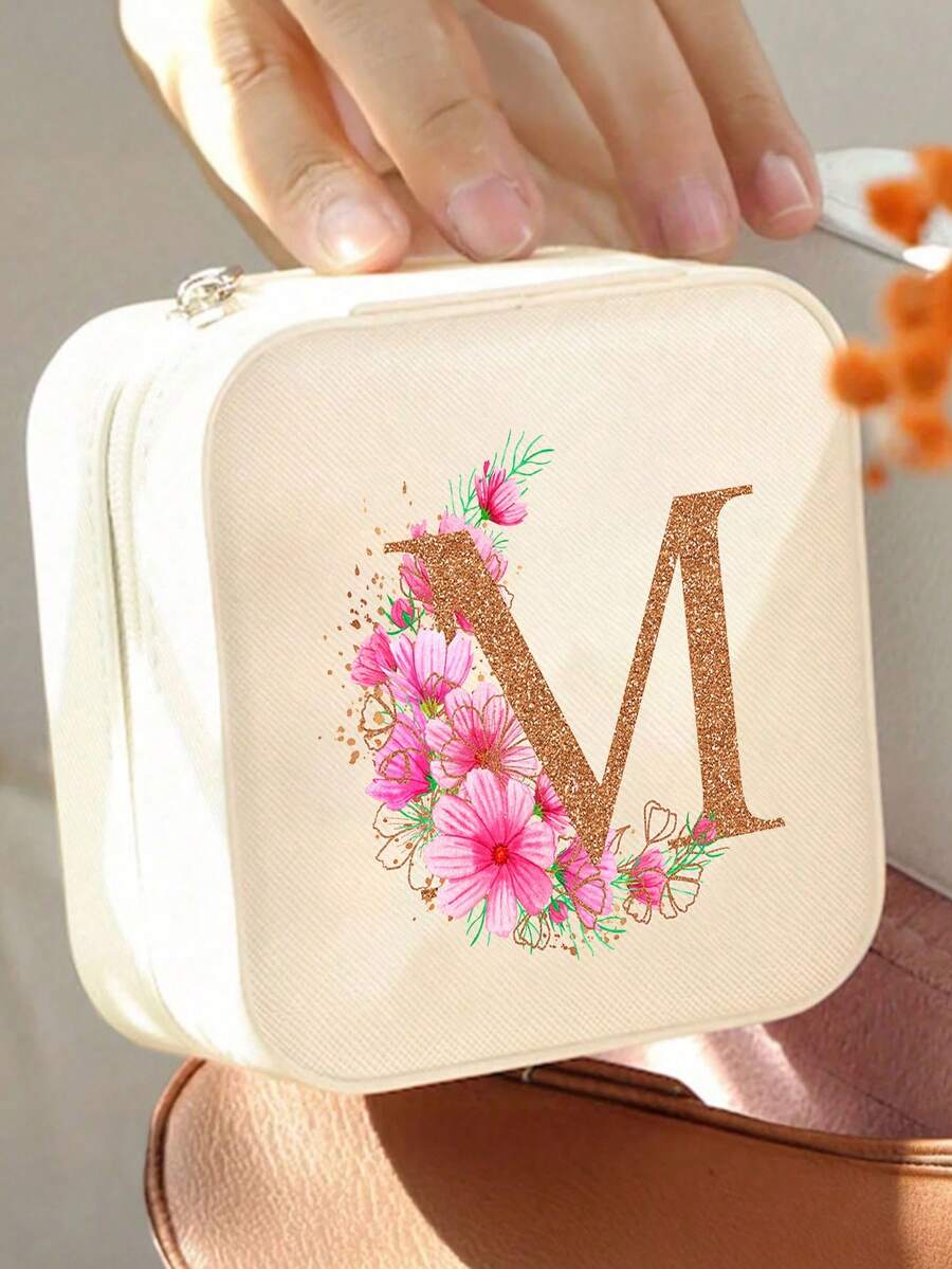 1pc 26 Letters A-Z Personalized Jewelry Box, Initial Monogram Jewelry Organizer, Floral Pattern Decor, Jewelry Storage Box, PU Leather Jewelry Display Case, Waterproof Jewelry Holder, Elegant Travel Jewelry Box For Earrings, Rings, Necklaces, Bracelets, Makeup Bag, Jewelry Collection
