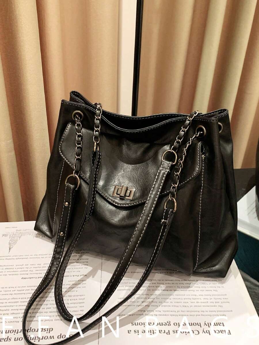 女士时尚大容量单肩手提包，简约纯色手提包，斜挎包，工作包，旅行包，多功能链条肩带包 - 黑色 - 查看 1