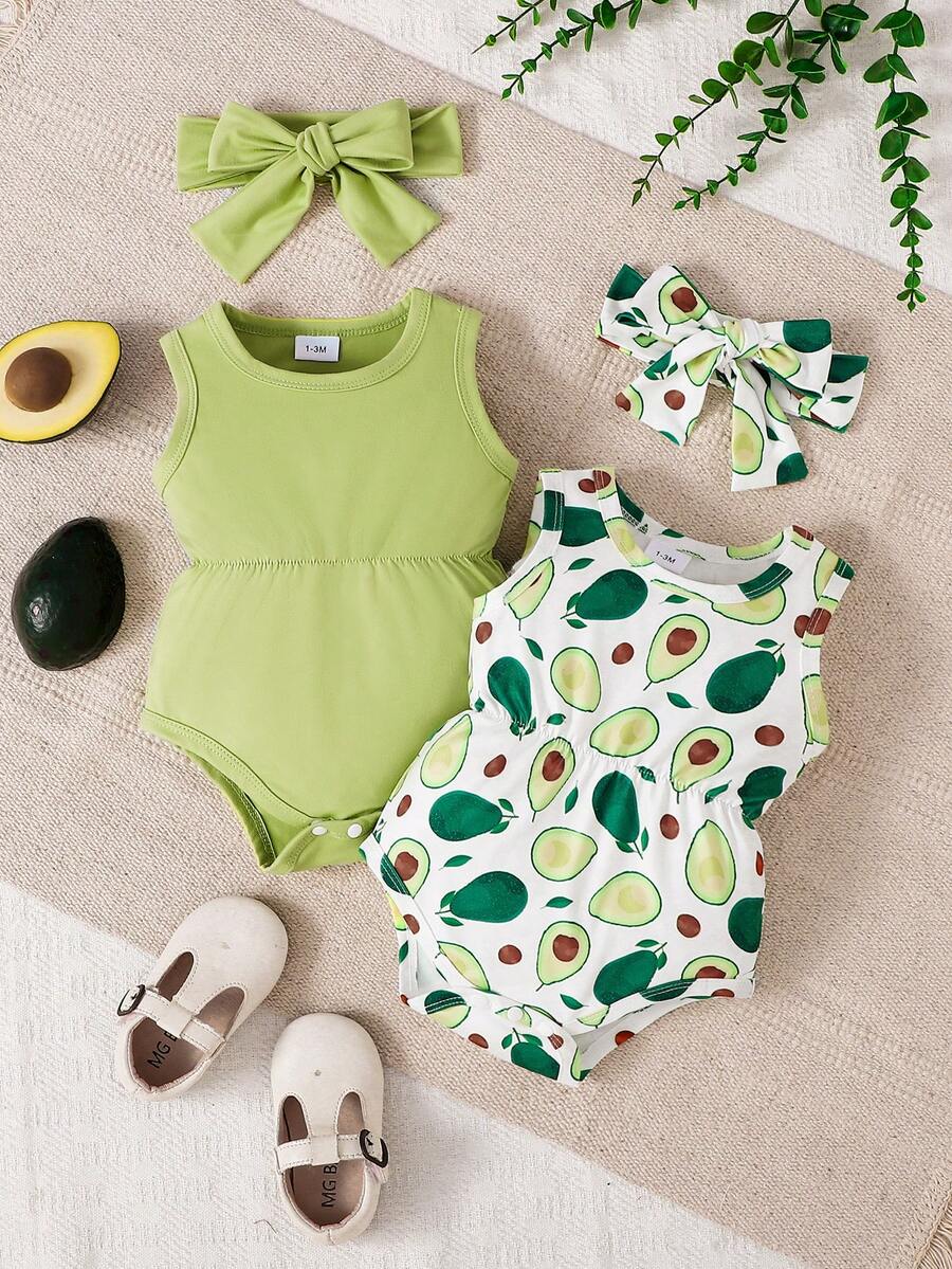 Baby Girl Avocado Print Sleeveless Bodysuit & Matching Bow Headband Set, Spring/Summer - Green - View 1